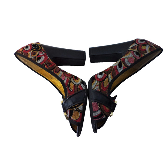 NAUGHTY MONKEY 9M OPEN TOE JEWELED PAISLEY TAPESTRY GOLD TRIM chunky HEEL SHOE - Picture 6 of 9